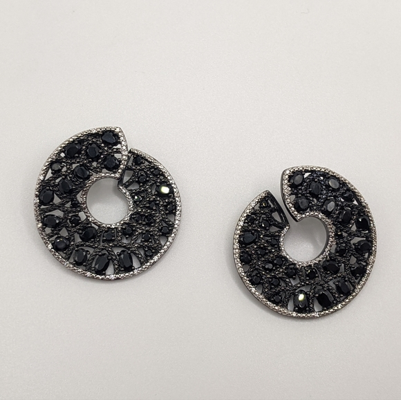 Unique Black Spinel Gemstone Swirl Hoop Earrings Sterling Silver - Picture 12 of 12